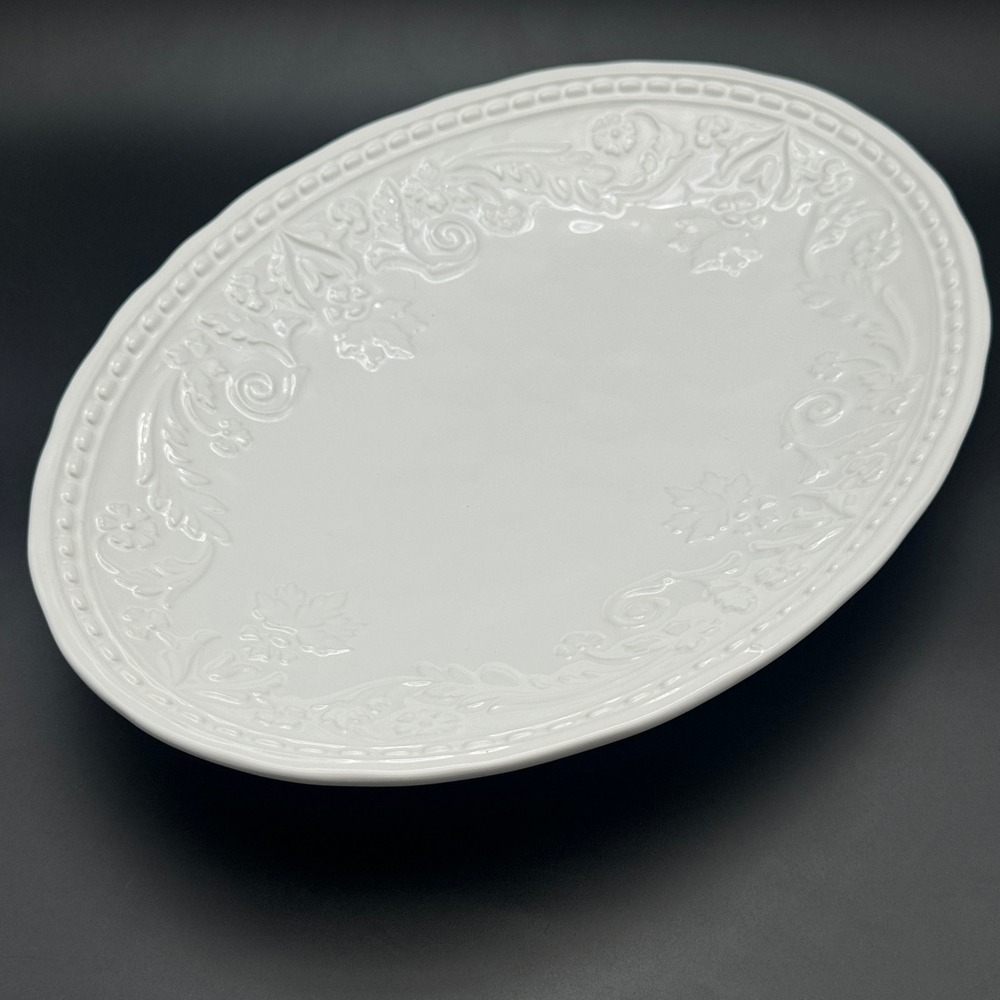 Floral Embossed Oval Serving Platter Pier 1 Imports White 16in Portugal Dish